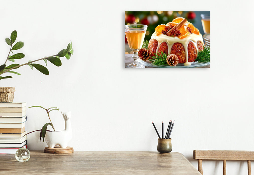 Premium Textil-Leinwand Weihnachtliche Mürbeteig-Torte mit Orangenzersten und einem Hauch von Zimt und Anis