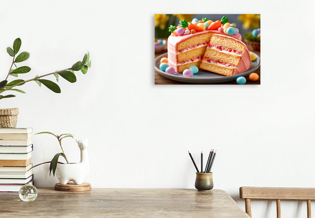 Premium Textil-Leinwand Ein Osterkuchen mit Schichten aus Biskuit und einer Füllung aus Himbeer-Frischkäsecreme.