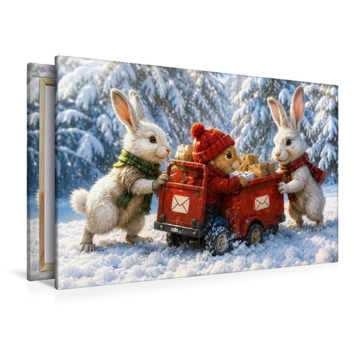Premium Textil-Leinwand Winterpost im Hasenwald