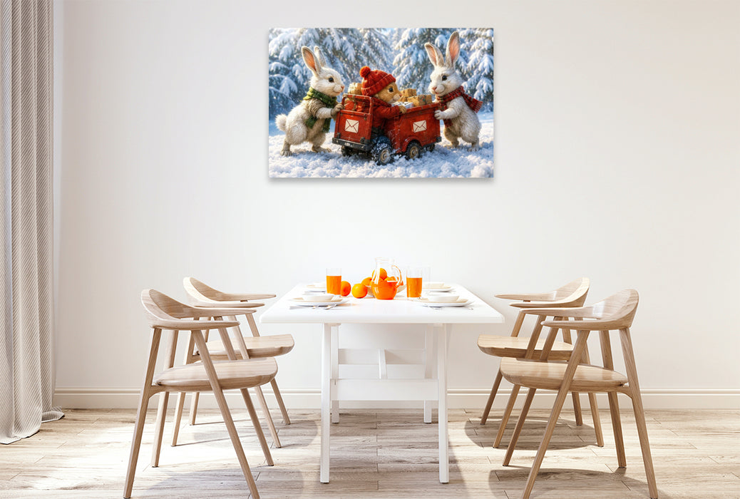 Premium Textil-Leinwand Winterpost im Hasenwald