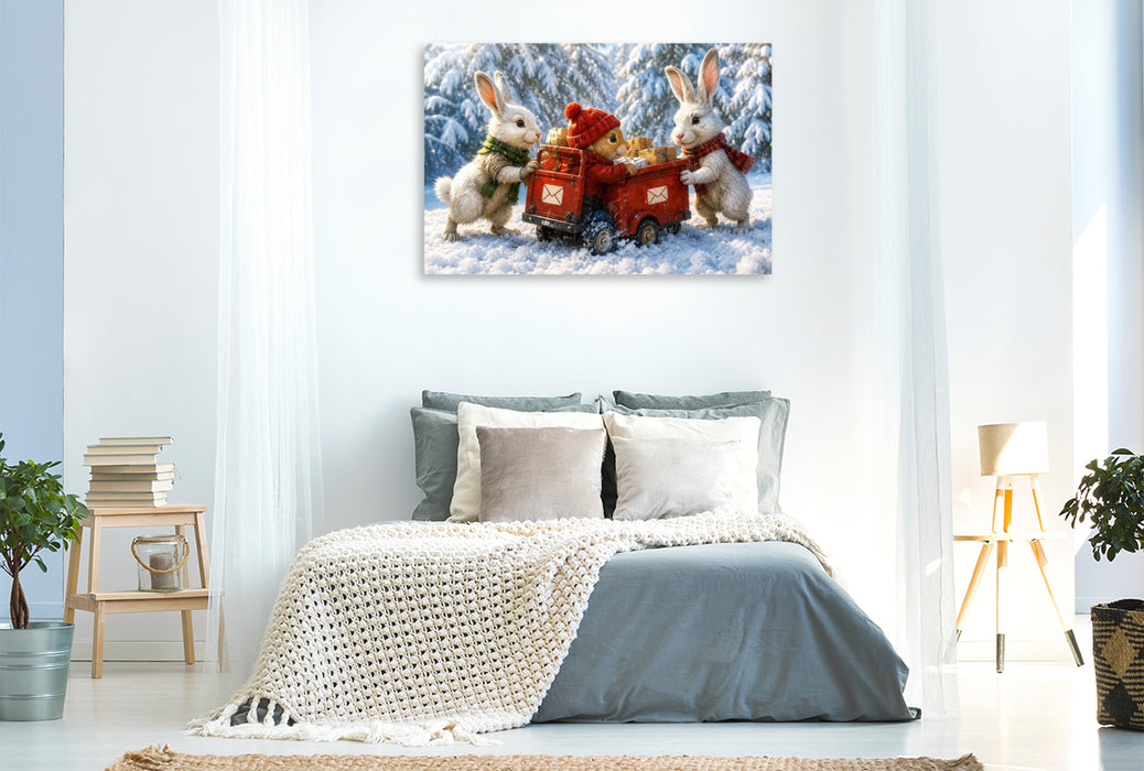 Premium Textil-Leinwand Winterpost im Hasenwald