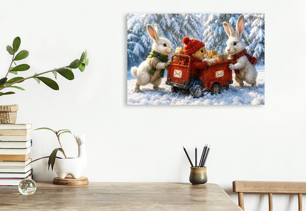 Premium Textil-Leinwand Winterpost im Hasenwald