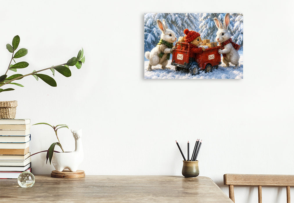 Premium Textil-Leinwand Winterpost im Hasenwald