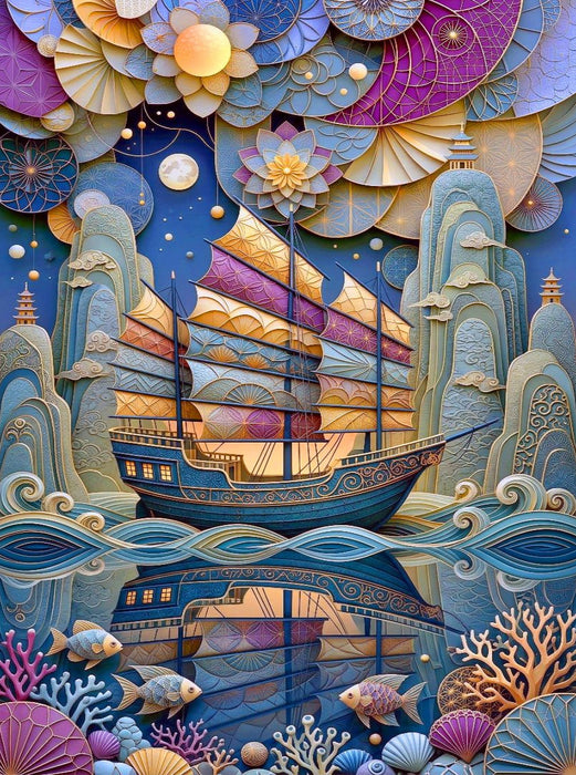 Dschunke und Felsen - farbenfrohe Collage - CALVENDO Foto-Puzzle'