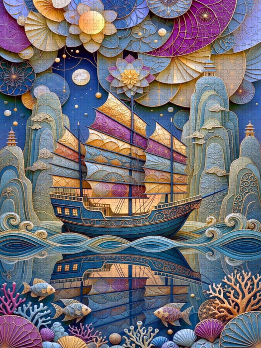 Dschunke und Felsen - farbenfrohe Collage - CALVENDO Foto-Puzzle'
