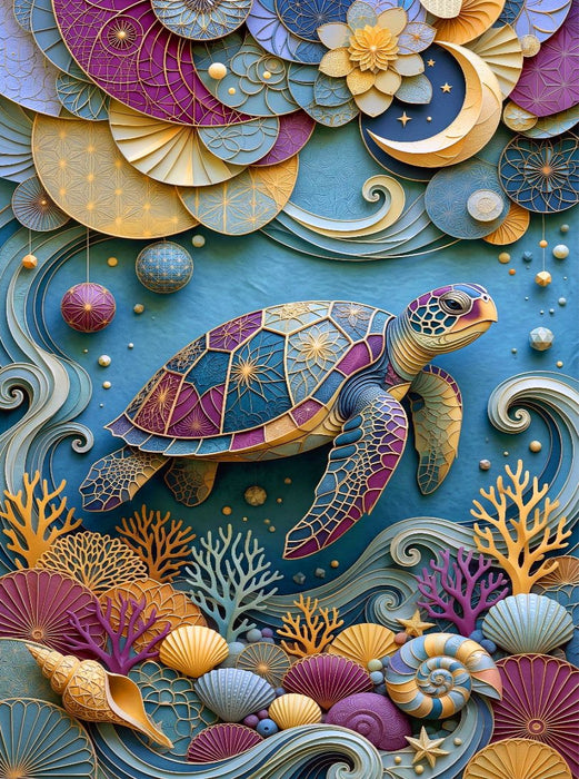 Meeresschildkröte und Muscheln - farbenfrohe Collage - CALVENDO Foto-Puzzle'