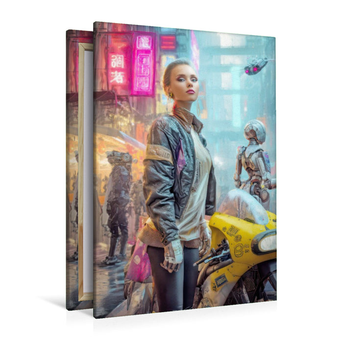 Premium Textil-Leinwand Cyberpunk Neonwelt