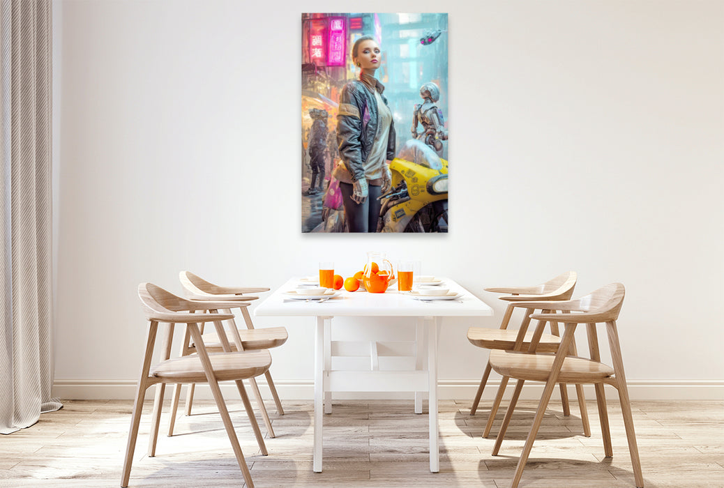 Premium Textil-Leinwand Cyberpunk Neonwelt