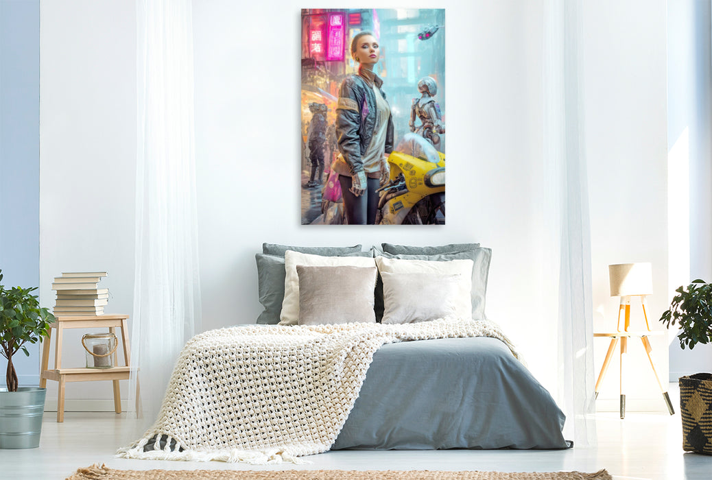Premium Textil-Leinwand Cyberpunk Neonwelt