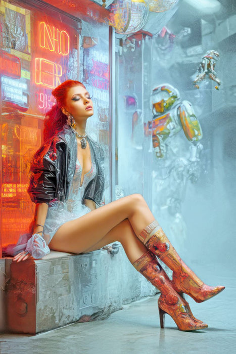 Premium Textil-Leinwand Cyberpunk Neonwelt