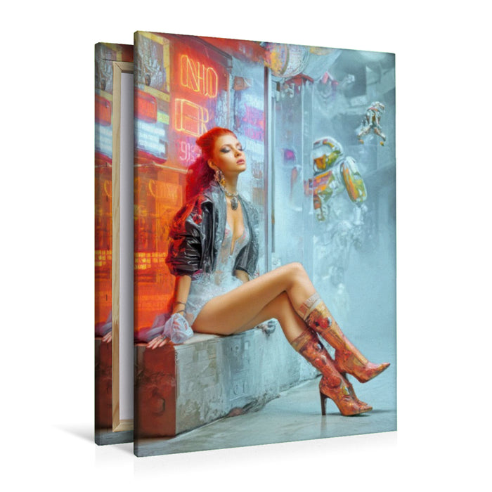 Premium Textil-Leinwand Cyberpunk Neonwelt