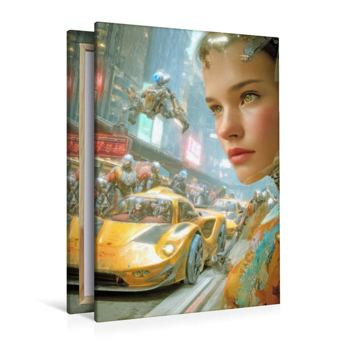 Premium Textil-Leinwand Cyberpunk Neonwelt