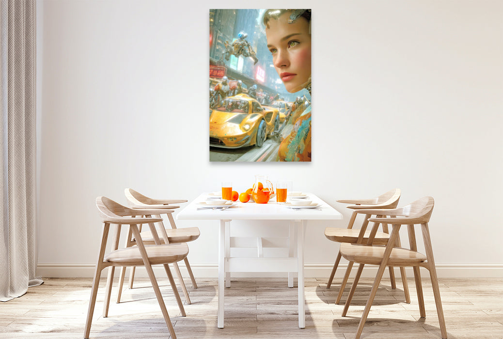 Premium Textil-Leinwand Cyberpunk Neonwelt