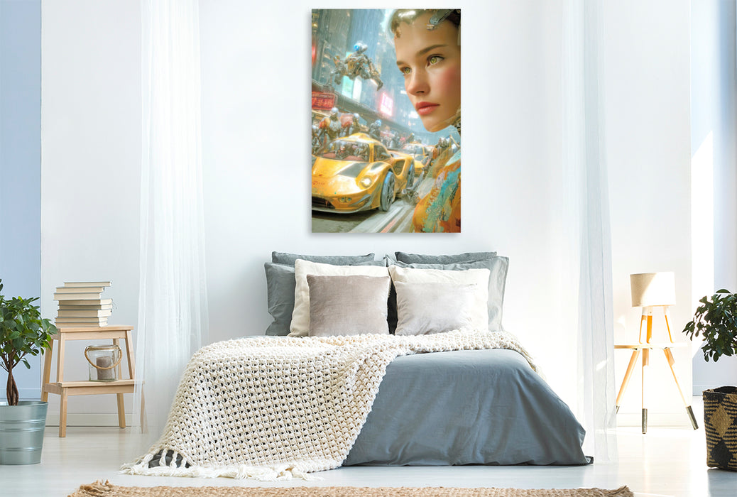 Premium Textil-Leinwand Cyberpunk Neonwelt