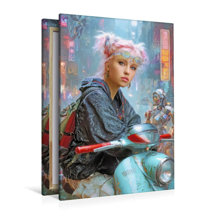 Premium Textil-Leinwand Cyberpunk Neonwelt