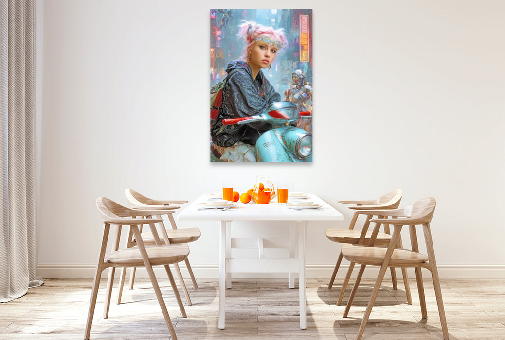 Premium Textil-Leinwand Cyberpunk Neonwelt
