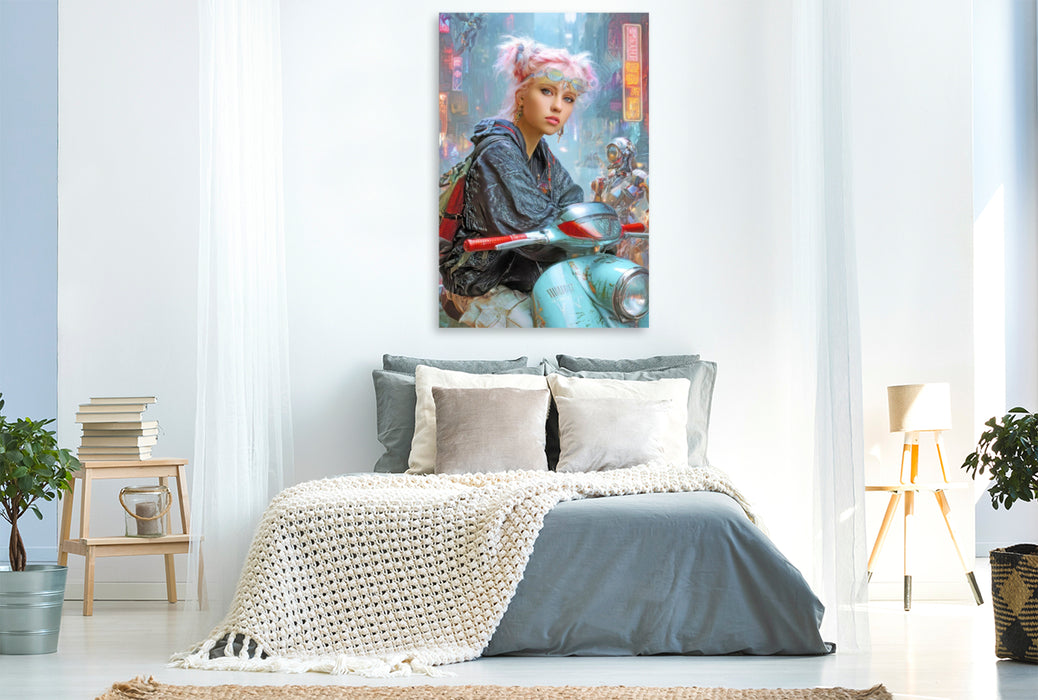 Premium Textil-Leinwand Cyberpunk Neonwelt
