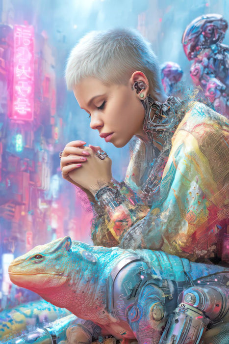 Premium Textil-Leinwand Cyberpunk Neonwelt