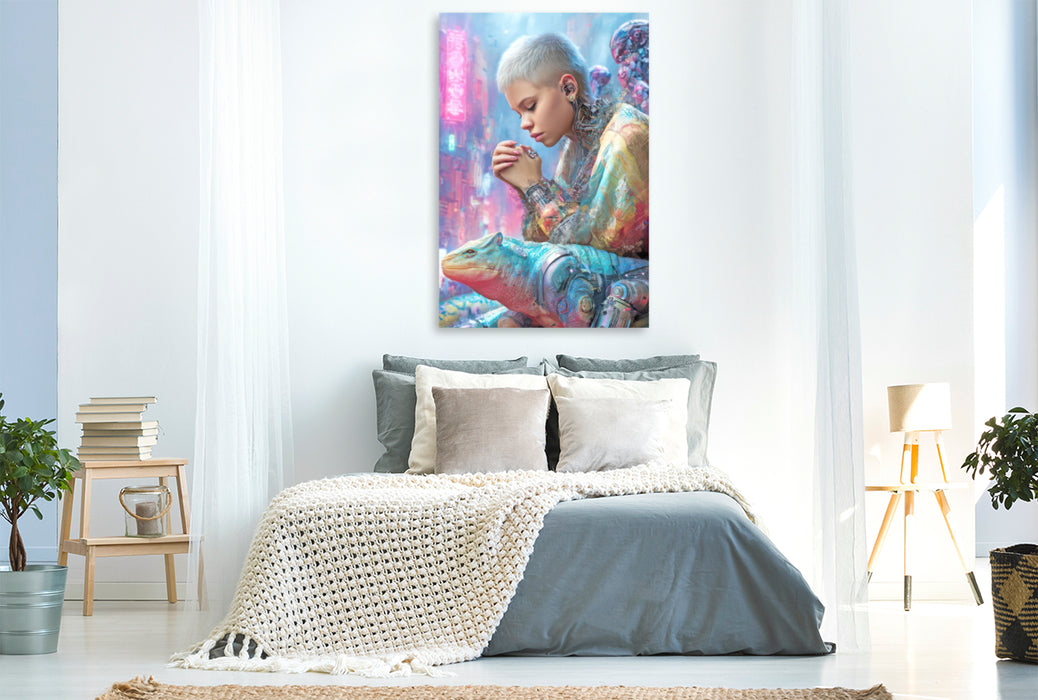 Premium Textil-Leinwand Cyberpunk Neonwelt