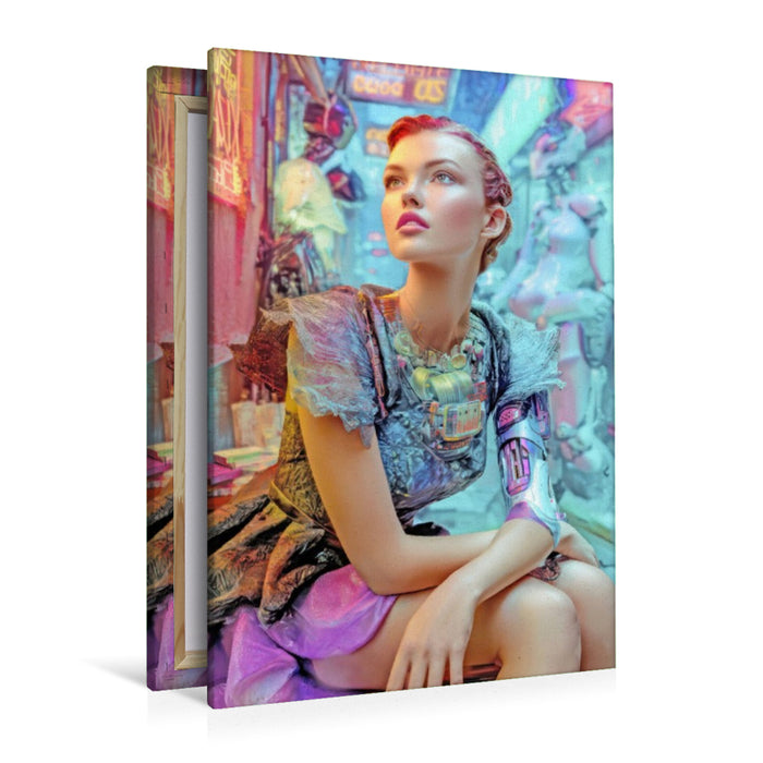 Premium Textil-Leinwand Cyberpunk Neonwelt