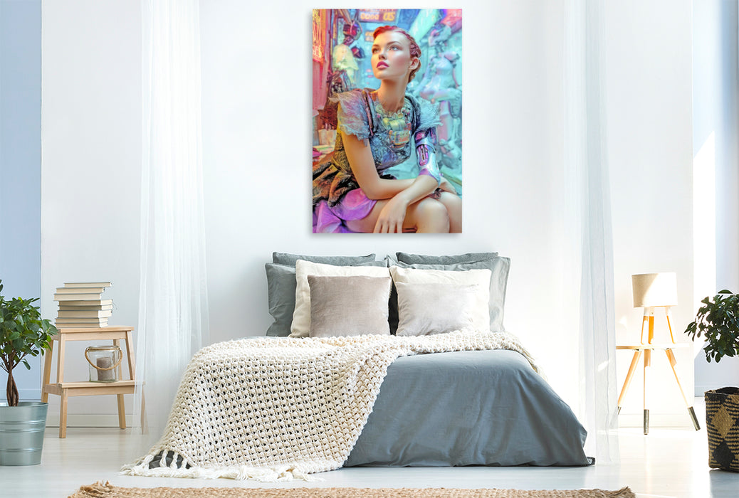 Premium Textil-Leinwand Cyberpunk Neonwelt