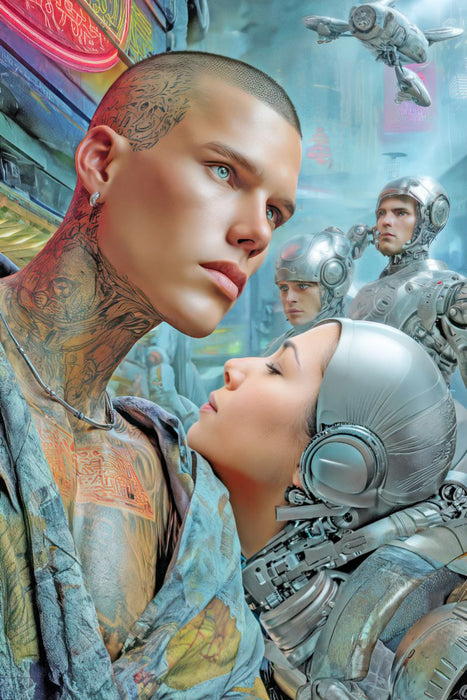 Premium Textil-Leinwand Cyberpunk Neonwelt