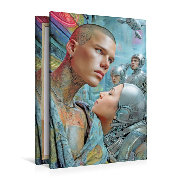 Premium Textil-Leinwand Cyberpunk Neonwelt