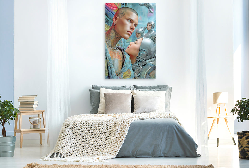 Premium Textil-Leinwand Cyberpunk Neonwelt