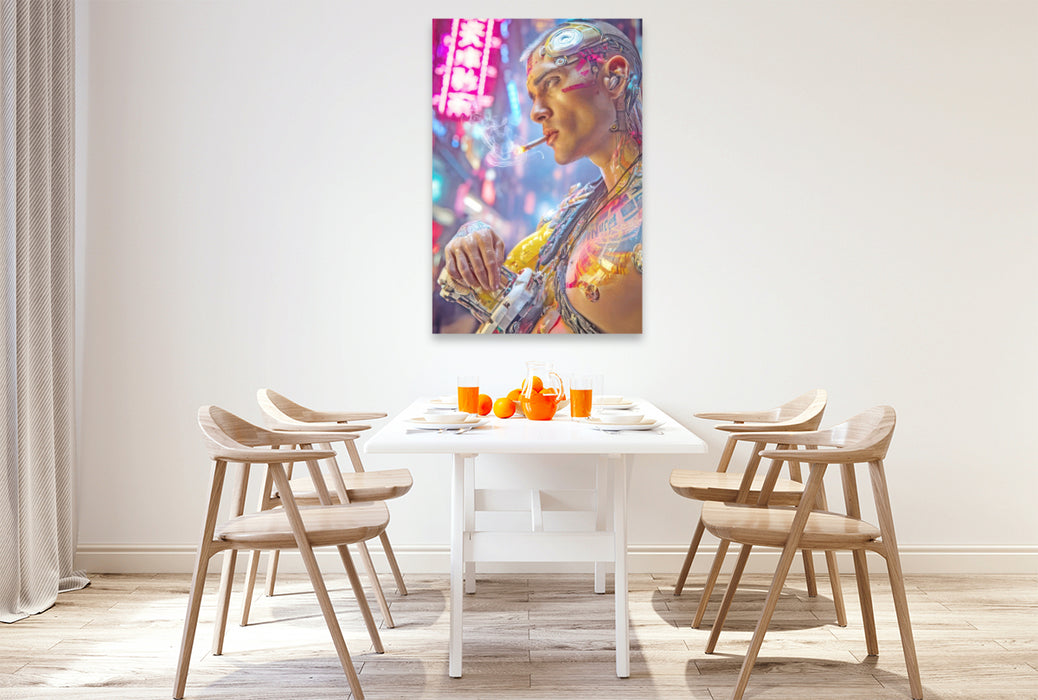 Premium Textil-Leinwand Cyberpunk Neonwelt