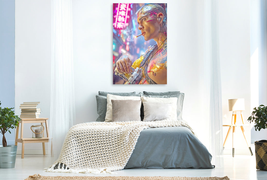 Premium Textil-Leinwand Cyberpunk Neonwelt
