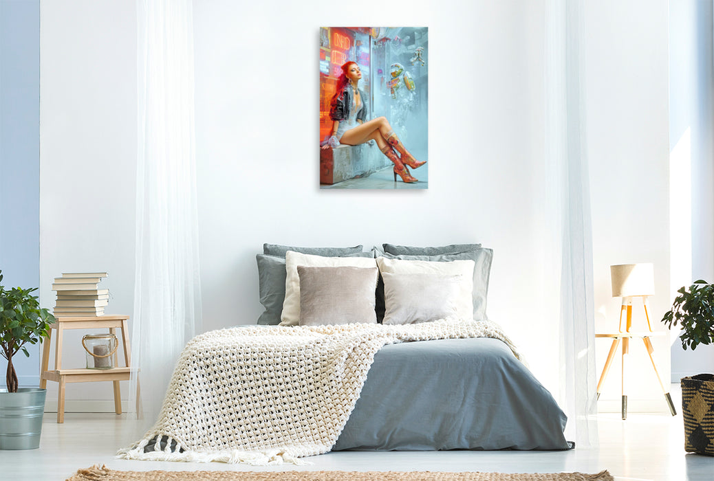 Premium Textil-Leinwand Cyberpunk Neonwelt