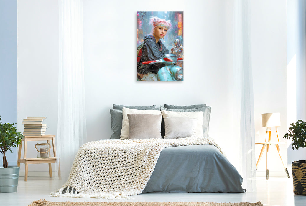 Premium Textil-Leinwand Cyberpunk Neonwelt