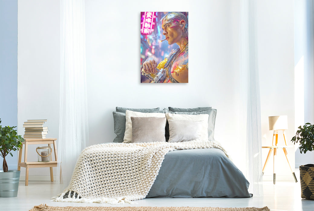 Premium Textil-Leinwand Cyberpunk Neonwelt