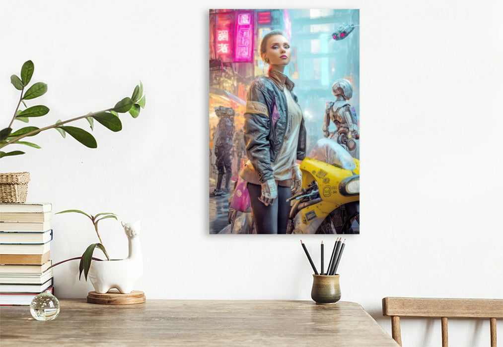 Premium Textil-Leinwand Cyberpunk Neonwelt