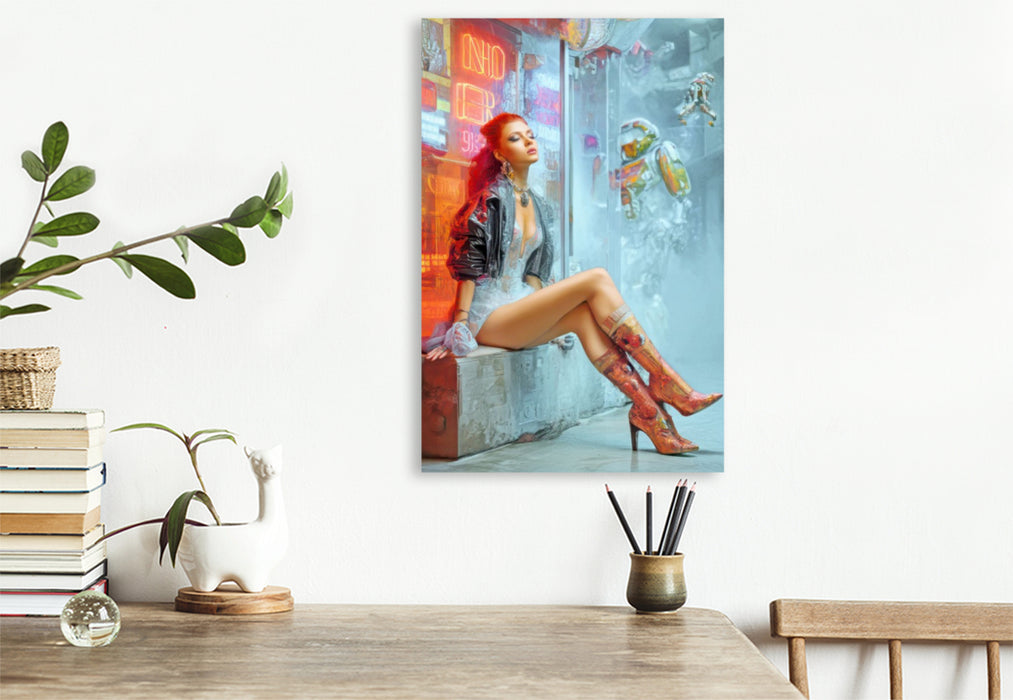 Premium Textil-Leinwand Cyberpunk Neonwelt
