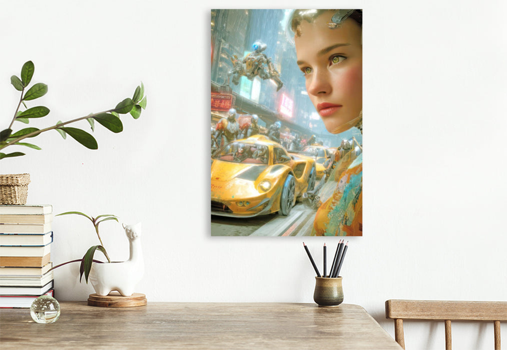 Premium Textil-Leinwand Cyberpunk Neonwelt