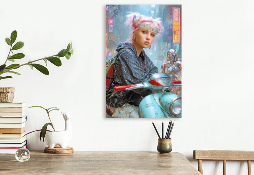 Premium Textil-Leinwand Cyberpunk Neonwelt