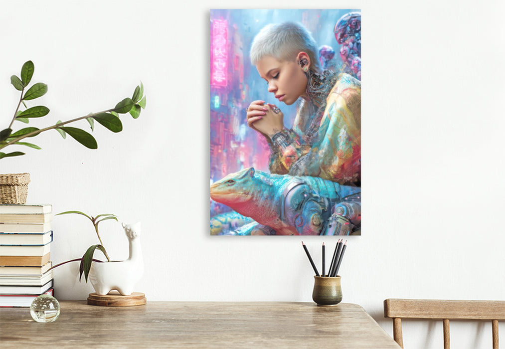 Premium Textil-Leinwand Cyberpunk Neonwelt