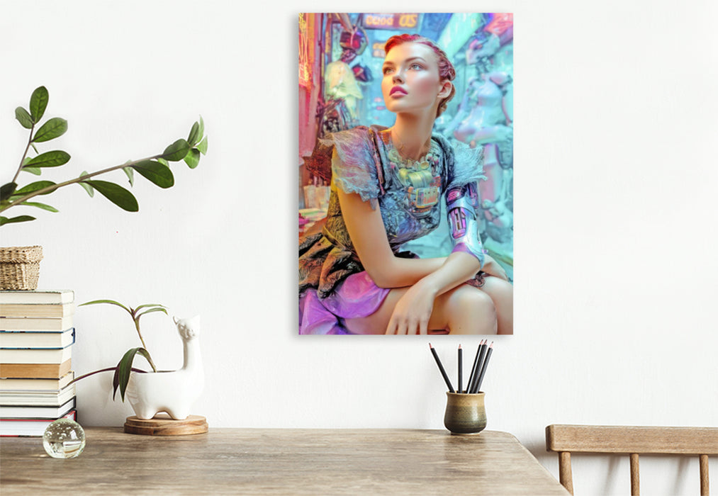 Premium Textil-Leinwand Cyberpunk Neonwelt