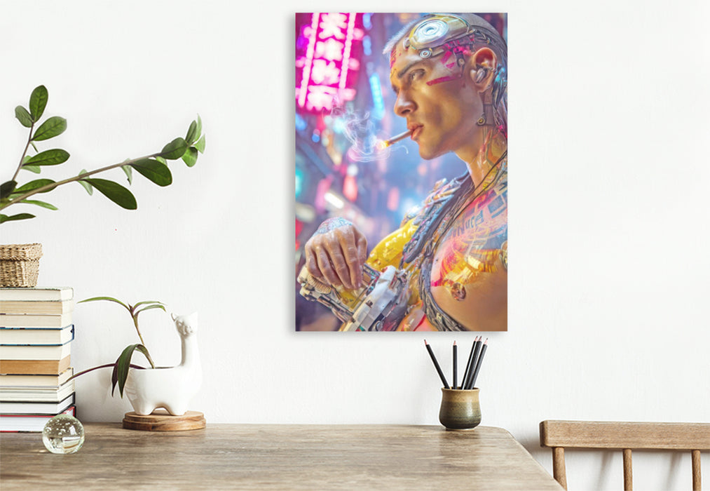 Premium Textil-Leinwand Cyberpunk Neonwelt