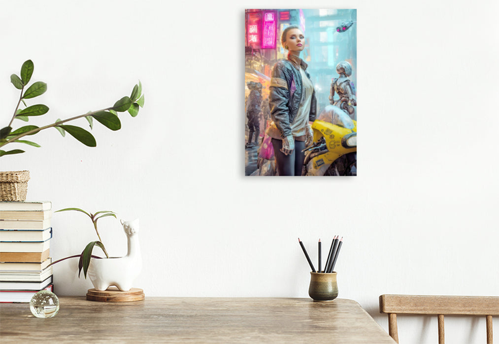 Premium Textil-Leinwand Cyberpunk Neonwelt