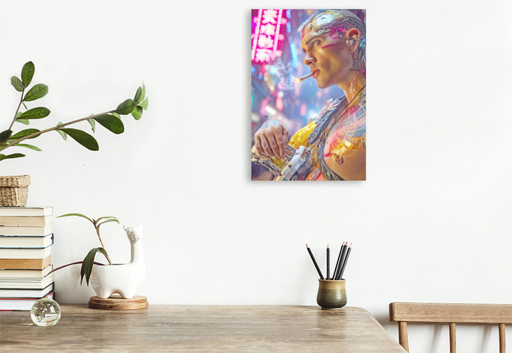 Premium Textil-Leinwand Cyberpunk Neonwelt