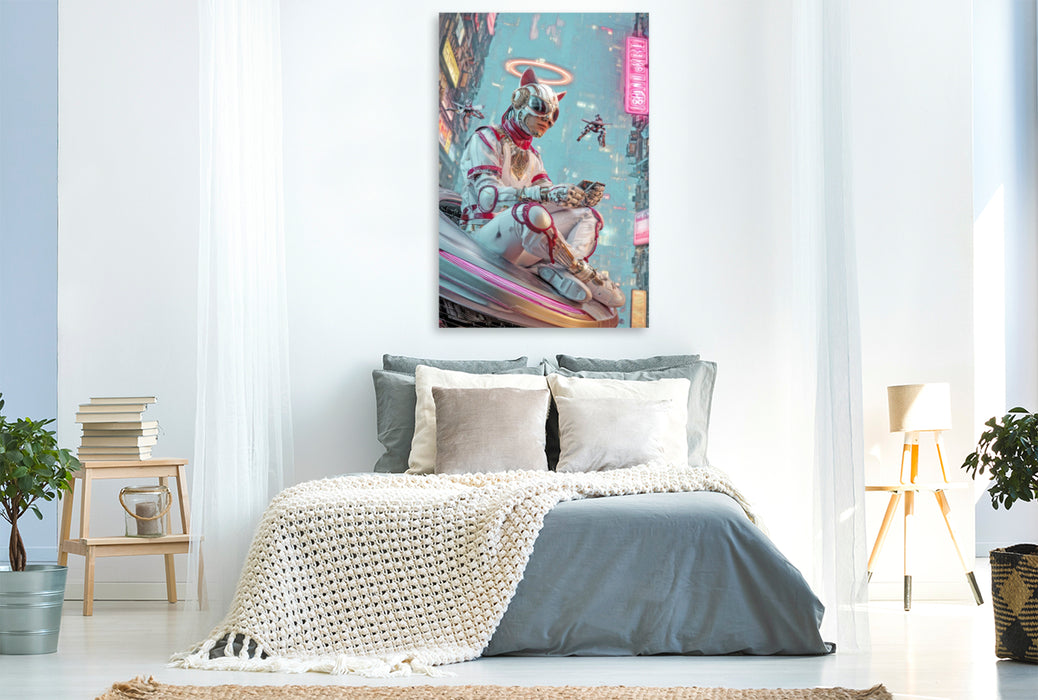 Premium Textil-Leinwand Cyberpunk Neonwelt