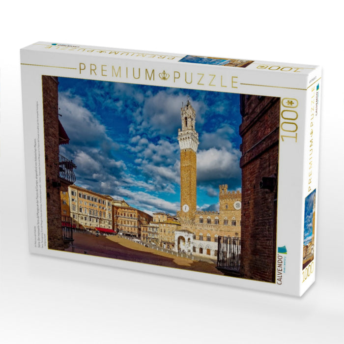 Siena: Der imposante Torre del Mangia an der Piazza del Campo, eingerahmt von historischen Mauern. - CALVENDO Foto-Puzzle'
