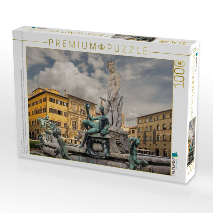 Florenz: Der monumentale Neptunbrunnen (Fontana di Nettuno) auf der Piazza della Signoria vor geschichtsträchtigen Palazzi. - CALVENDO Foto-Puzzle'