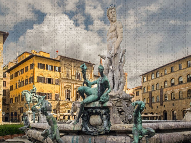 Florenz: Der monumentale Neptunbrunnen (Fontana di Nettuno) auf der Piazza della Signoria vor geschichtsträchtigen Palazzi. - CALVENDO Foto-Puzzle'