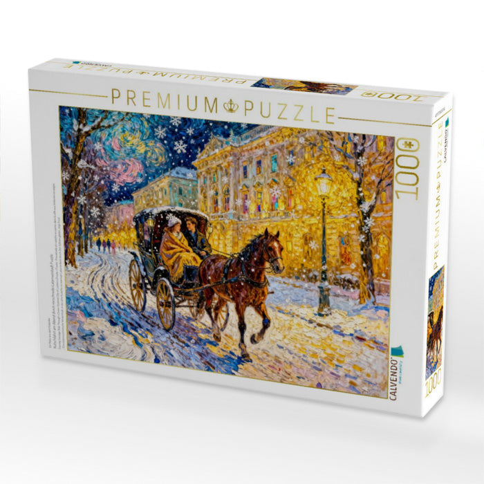 Kutschfahrt am Abend durch verschneite Laternenstadt Puzzle - CALVENDO Foto-Puzzle'