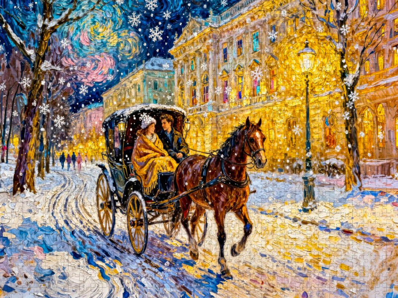 Kutschfahrt am Abend durch verschneite Laternenstadt Puzzle - CALVENDO Foto-Puzzle'