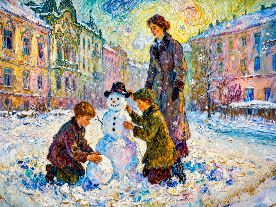Kinder bauen Schneemann in verschneiter Stadt Impressionismus Puzzle - CALVENDO Foto-Puzzle'