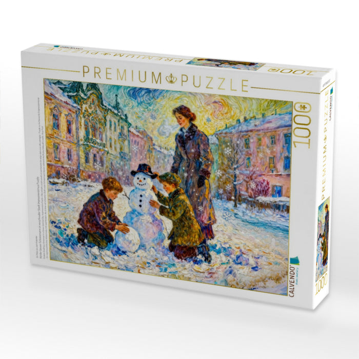 Kinder bauen Schneemann in verschneiter Stadt Impressionismus Puzzle - CALVENDO Foto-Puzzle'
